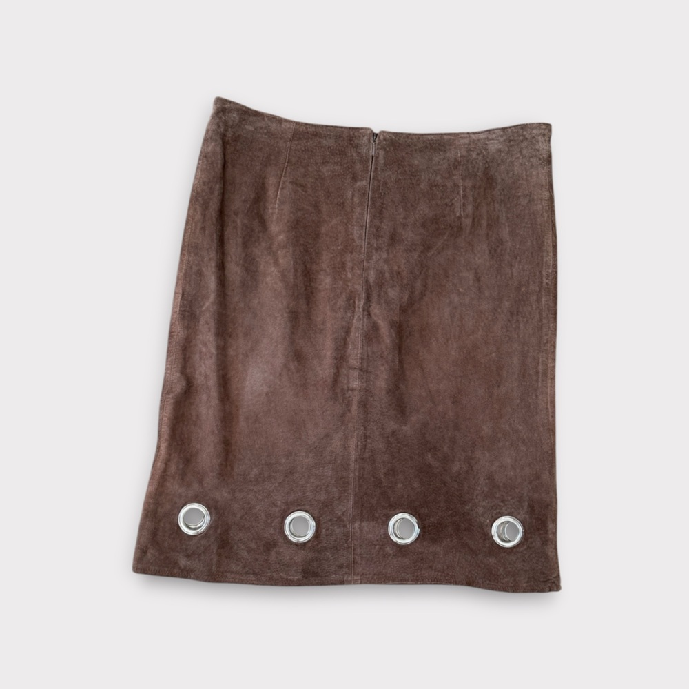 Vintage Sophie Chang Brown Suede Midi Skirt with Grommet Accents 8 - Picture 4 of 4